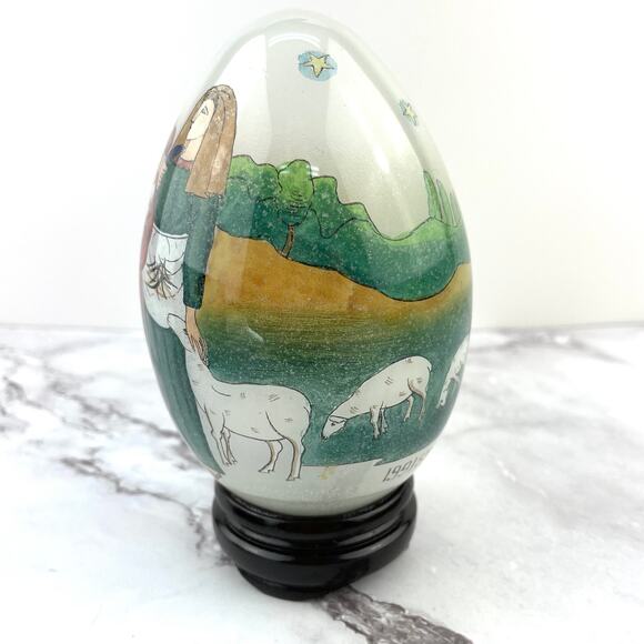 Hand Blown Glass Egg with Stand 1991 SMC in Box Religious Design Li Bien Painted - Picture 11 of 15